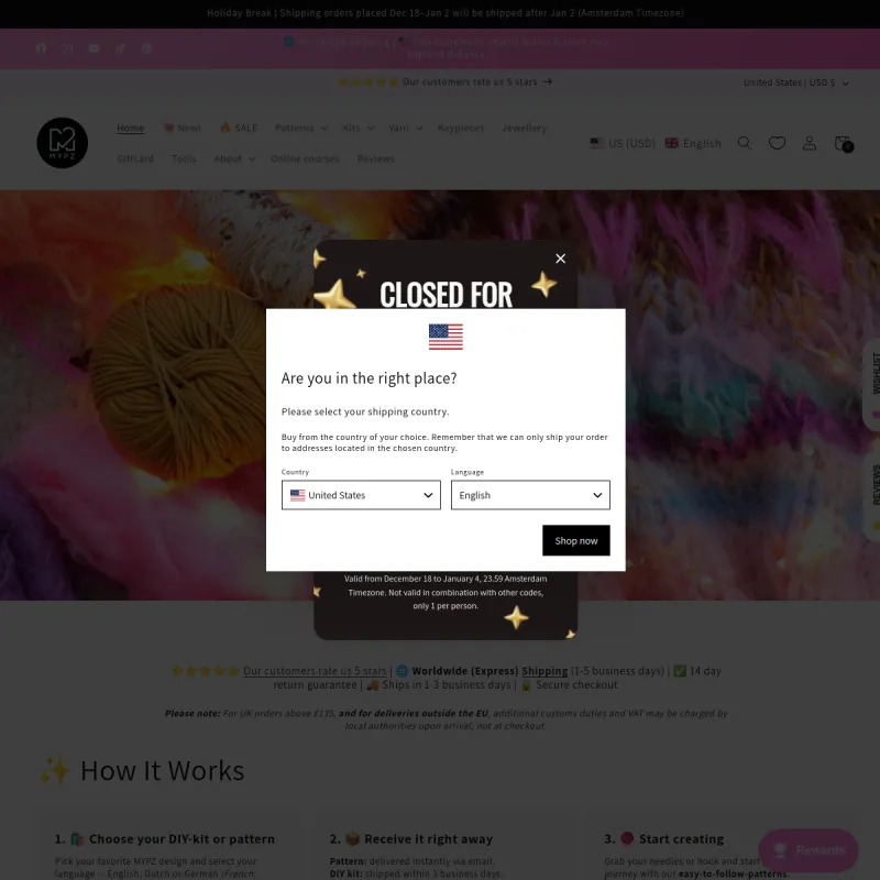 Screenshot van MYPZ, webshop voor brei- en haakpakketten, patronen en luxe garens