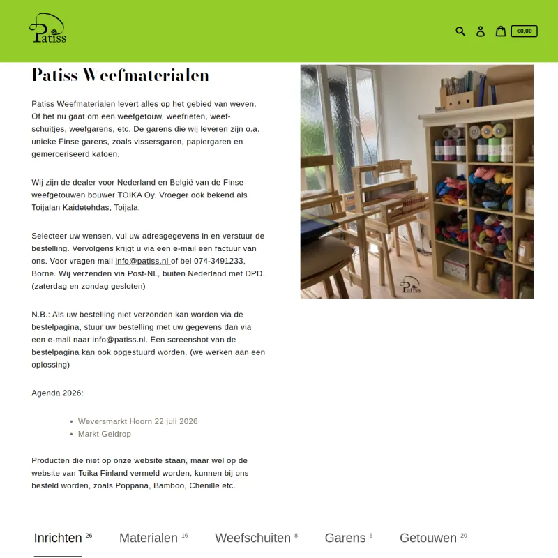 Screenshot van Patiss Weefmaterialen (webshop)