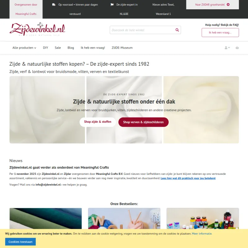 Screenshot van Zijdewinkel.nl consument | Zijdar Natural Silk groothandel